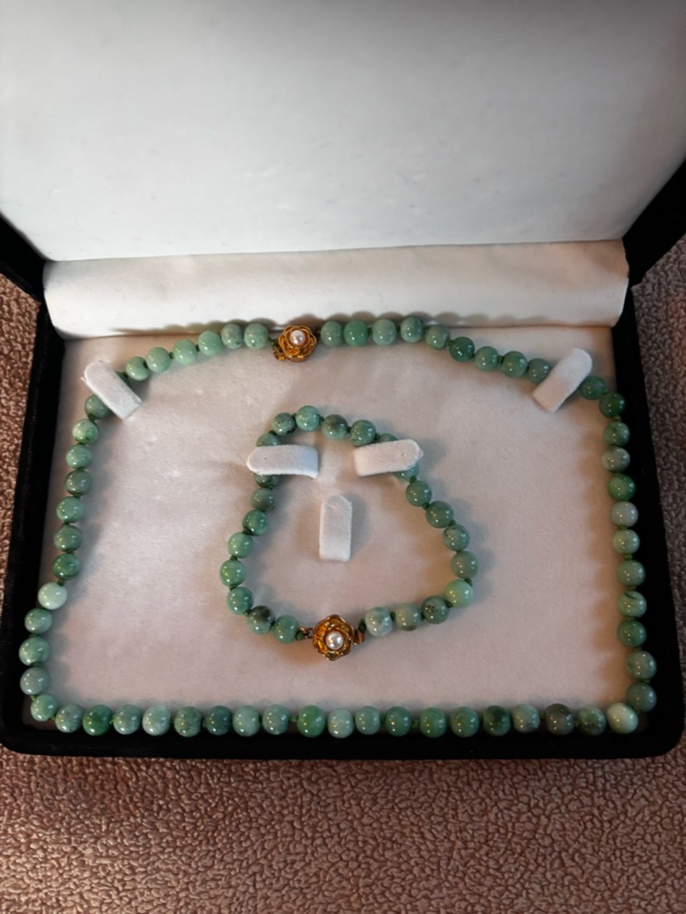 Jade Green Beaded Necklace and Bracelet Set with Gold Flower Clasp